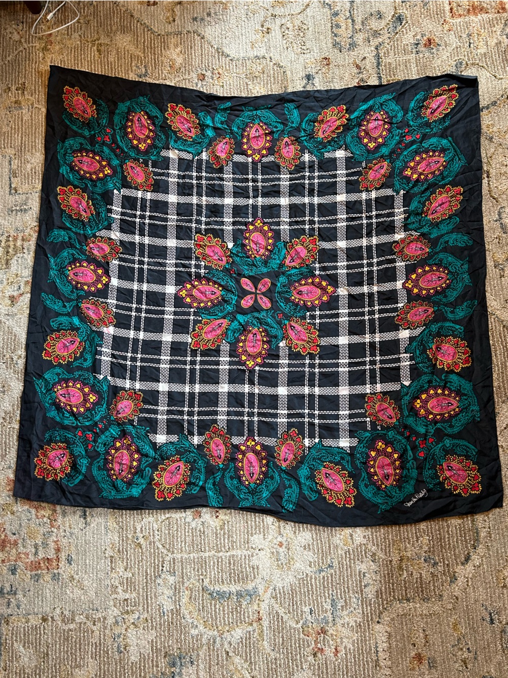 Diane Von Furstenberg Navy Scarf with Pink and Teal Floral Medallions